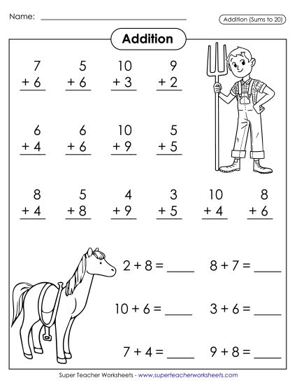 Math Fact Practice - Basic Addition Facts: Farm (Printable PDF Worksheet)