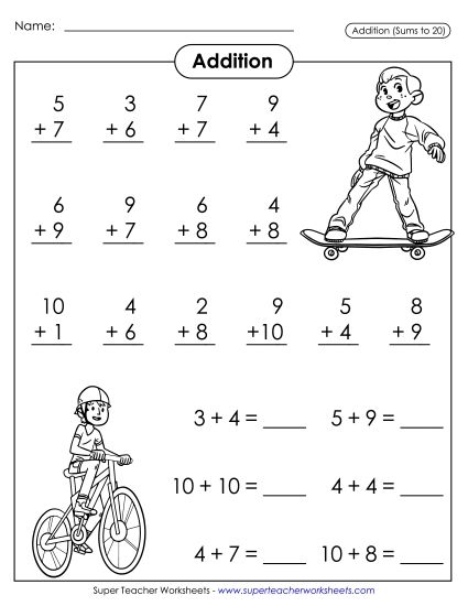Math Fact Practice - Basic Addition Facts: Outdoor Sports (Printable PDF Worksheet)
