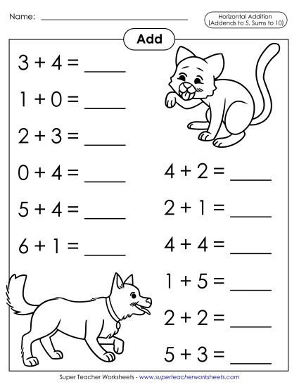 Math Fact Practice - Basic Addition Facts: Pets (Horizontal) (Printable PDF Worksheet)