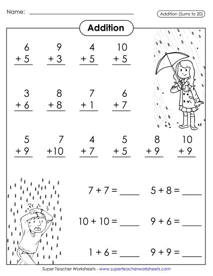 Math Fact Practice - Basic Addition Facts:  Rainy Day (Printable PDF Worksheet)