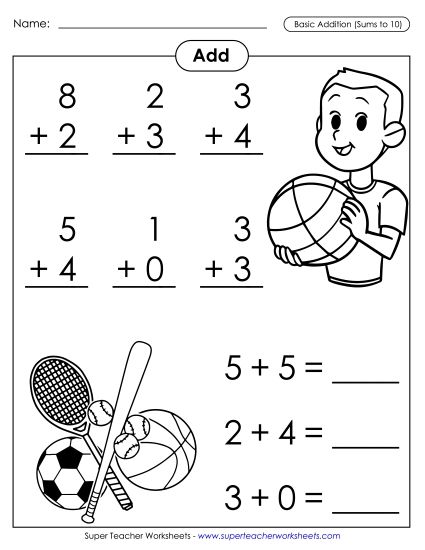 Math Fact Practice - Basic Addition Facts: Sports (Addends to 10; Sums to 10) (Printable PDF Worksheet)
