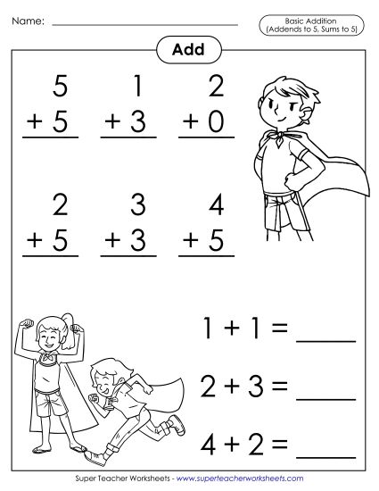 Math Fact Practice - Basic Addition Facts: Superheroes (Addends to 5; Sums to 5) (Printable PDF Worksheet)