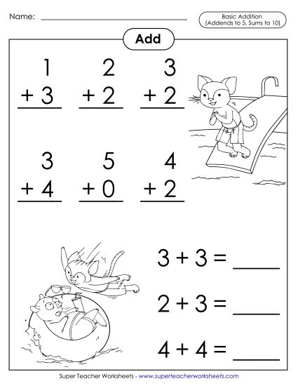 Math Fact Practice - Basic Addition Facts: Swim Cat (Addends to 5; Sums to 10) (Printable PDF Worksheet)