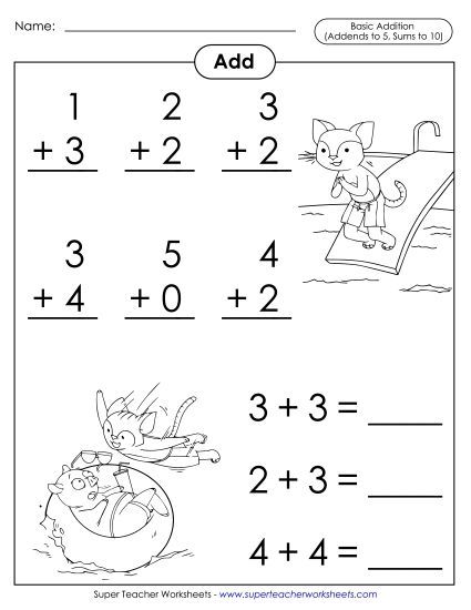 Summer Addition - Basic Addition Facts: Swim Cat (Printable PDF Worksheet)