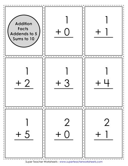 Flashcards - Basic Addition Flashcards Addends to 5; Sums to 10 (Printable PDF Worksheet)