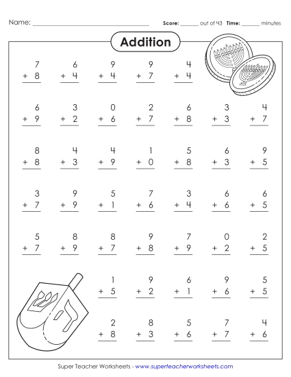 Hanukkah Math Worksheets - Basic Addition - Hanukkah (Printable PDF Worksheet)