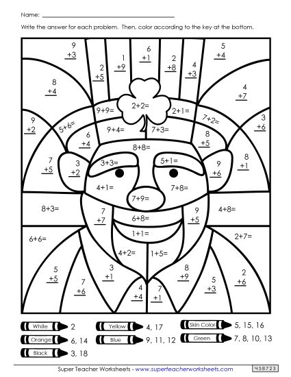 St. Pat's Addition - Basic Addition - Leprechaun (Printable PDF Worksheet)