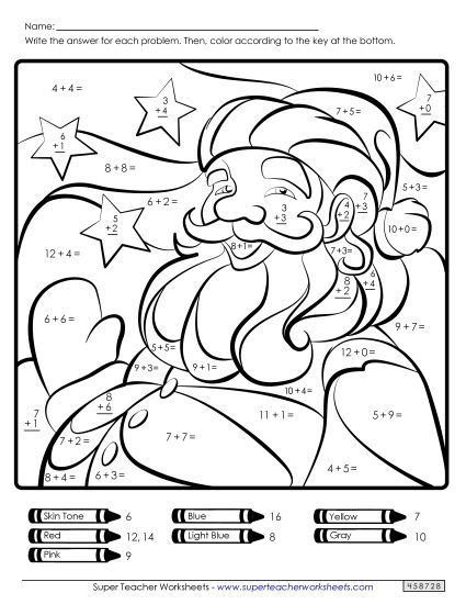 Christmas Addition - Basic Addition Math Picture: Santa (Printable PDF Worksheet)