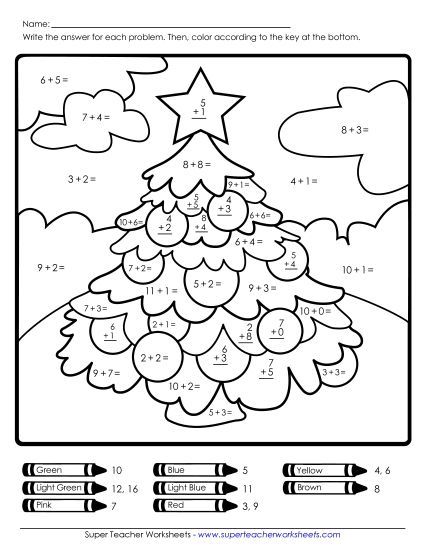 Christmas Addition - Basic Addition Math Picture: Tree (Printable PDF Worksheet)