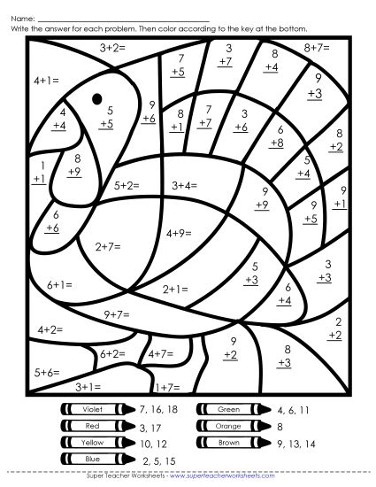 Thanksgiving Addition - Basic Addition Mystery Picture - Turkey (Printable PDF Worksheet)