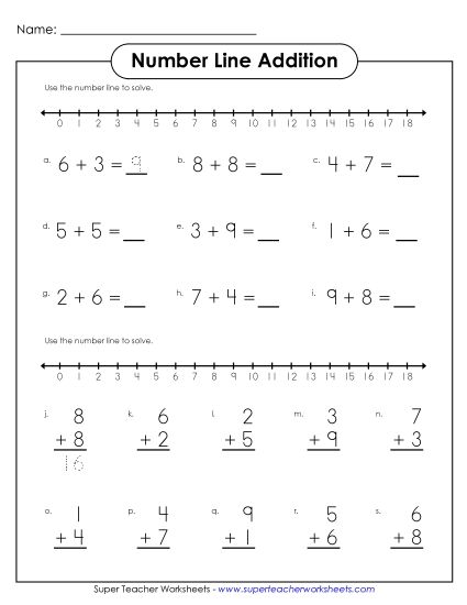 Number Line Addition - Basic Addition Number Line #2 (Printable PDF Worksheet)