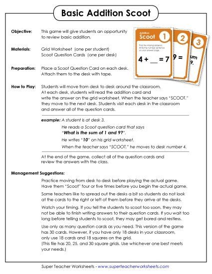 Addition Worksheets, Games, & Puzzles - Basic Addition Scoot! Game (Printable PDF Worksheet)