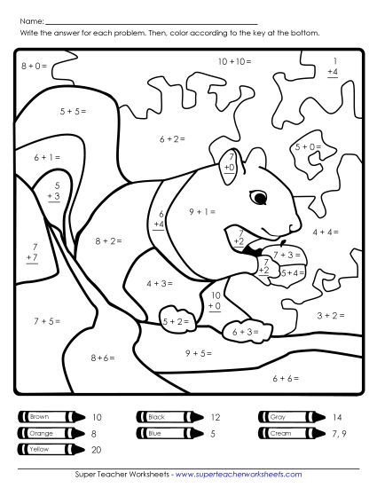 Addition - Basic Addition: Squirrel (Printable PDF Worksheet)