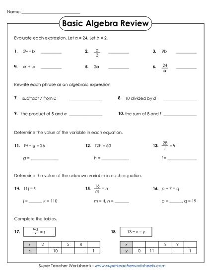 Expressions & Equations Mixed - Basic Algebra Mixed Review (Printable PDF Worksheet)