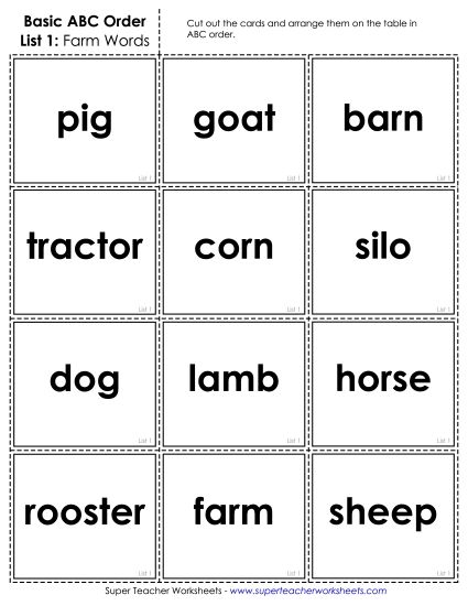 Basic ABC Order (First Letter Only) - Basic: Card Sort 1 (Printable PDF Worksheet)
