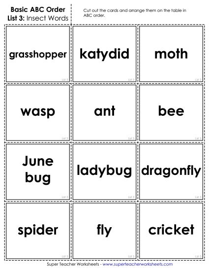 Basic ABC Order (First Letter Only) - Basic: Card Sort 3 (Printable PDF Worksheet)