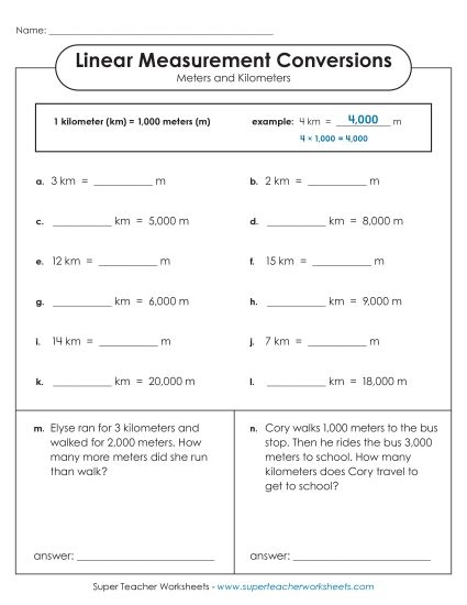 Mixed-Unit Measuring and Converting - Basic Conversions (Meters and Kilometers) (Printable PDF Worksheet)