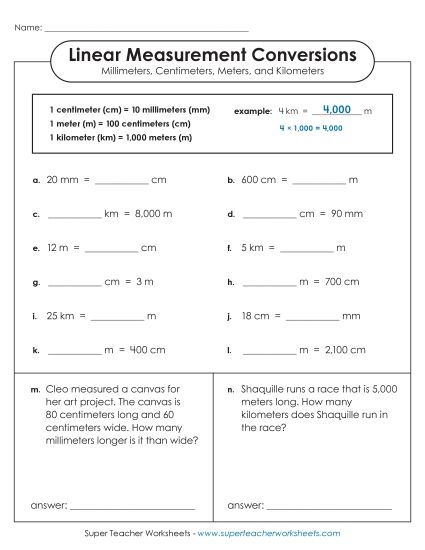 Mixed-Unit Measuring and Converting - Basic Conversions (mm, cm, m, km) (Printable PDF Worksheet)