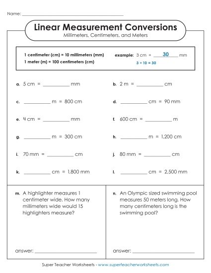 Mixed-Unit Measuring and Converting - Basic Conversions (mm, cm, m) (Printable PDF Worksheet)
