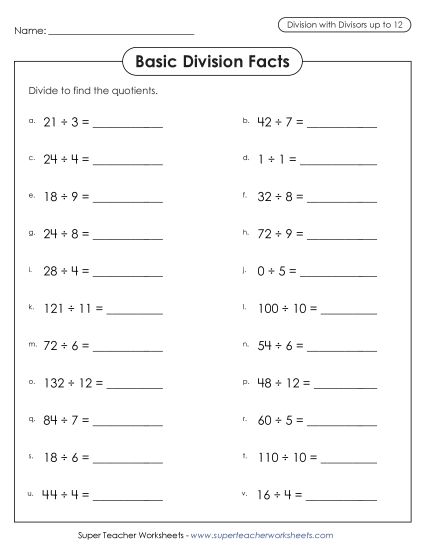 Division Basic Facts Mad Minute Drills - Basic Division Facts Drill (Printable PDF Worksheet)