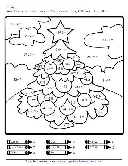 Christmas Division Worksheets - Basic Division Math Picture: Tree (Printable PDF Worksheet)