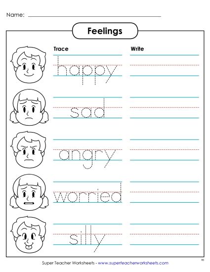 Basic Feelings - Basic Feelings: Trace and Write (Printable PDF Worksheet)