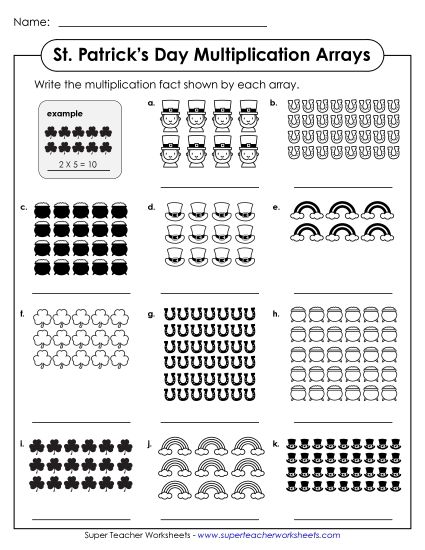 St. Pat's Multiplication - Basic Multiplication Arrays (Printable PDF Worksheet)