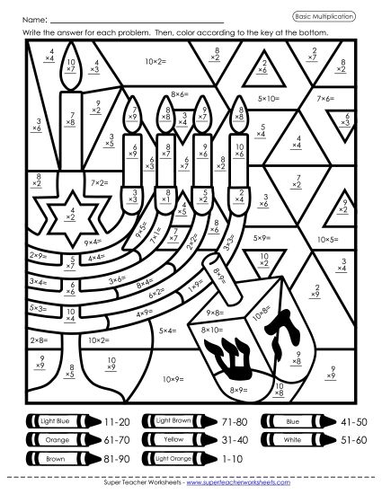 Hanukkah Math Worksheets - Basic Multiplication Mystery Picture (Printable PDF Worksheet)