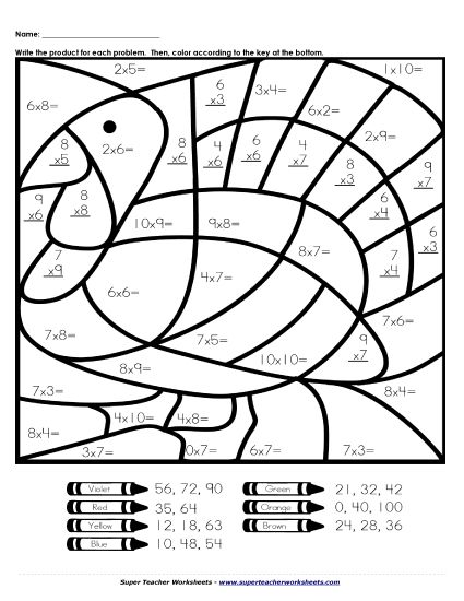Thanksgiving Multiplication - Basic Multiplication Mystery Picture - Turkey (Printable PDF Worksheet)