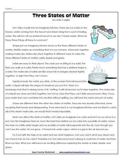 Basic States of Matter Article (Printable PDF Worksheet)