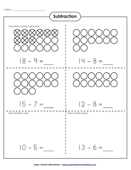 Concept Worksheets - Basic Subtraction - Counters (Printable PDF Worksheet)