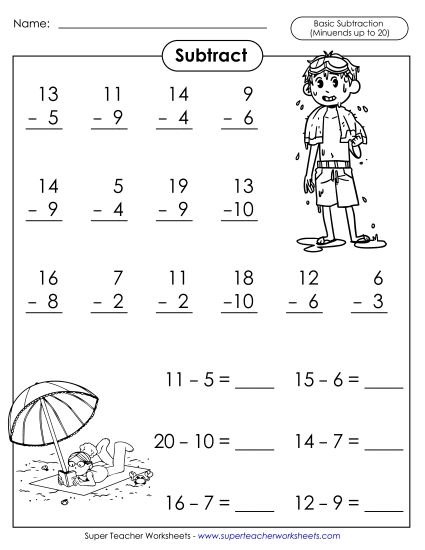 Subtraction Fact Practice  - Basic Subtraction Facts: Beach  (Printable PDF Worksheet)