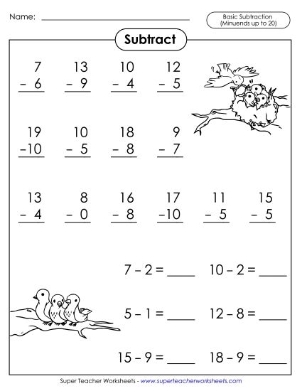 Subtraction Fact Practice  - Basic Subtraction Facts: Birds (Printable PDF Worksheet)