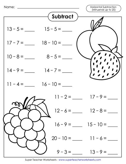 Subtraction Fact Practice  - Basic Subtraction Facts: Fruit (Horizontal) (Printable PDF Worksheet)