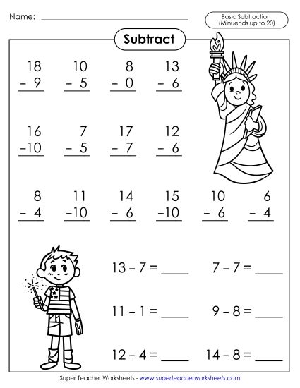 Subtraction Fact Practice  - Basic Subtraction Facts: Liberty Theme (Printable PDF Worksheet)