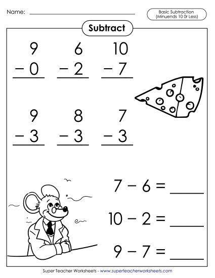 Subtraction Fact Practice - Basic Subtraction Facts: Mouse (Minuends 10 or Less) (Printable PDF Worksheet)