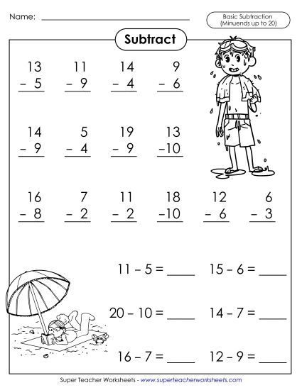 Summer Subtraction - Basic Subtraction Facts: Summer (Printable PDF Worksheet)