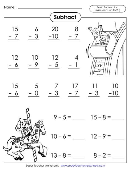 Subtraction Fact Practice  - Basic Subtraction Facts: Theme Park  (Printable PDF Worksheet)