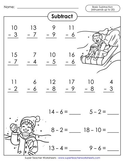 Subtraction Fact Practice  - Basic Subtraction Facts: Winter Fun (Printable PDF Worksheet)