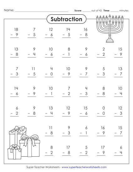 Hanukkah Math Worksheets - Basic Subtraction - Hanukkah (Printable PDF Worksheet)