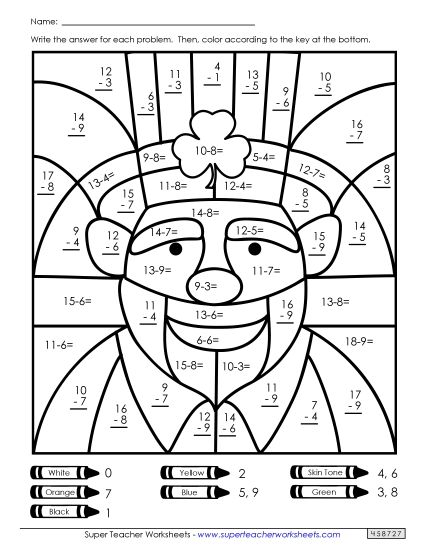 St. Pat's Subtraction - Basic Subtraction - Leprechaun (Printable PDF Worksheet)