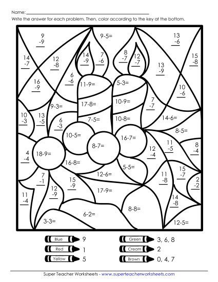 Christmas Subtraction - Basic Subtraction Mystery Picture (Candle) (Printable PDF Worksheet)