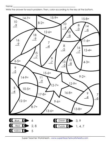 Christmas Subtraction - Basic Subtraction Mystery Picture (Stocking) (Printable PDF Worksheet)