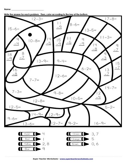 Thanksgiving Subtraction - Basic Subtraction Mystery Picture - Turkey (Printable PDF Worksheet)