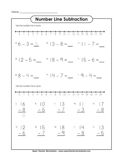 Number Line Subtraction - Basic Subtraction Number Line #4 (Printable PDF Worksheet)