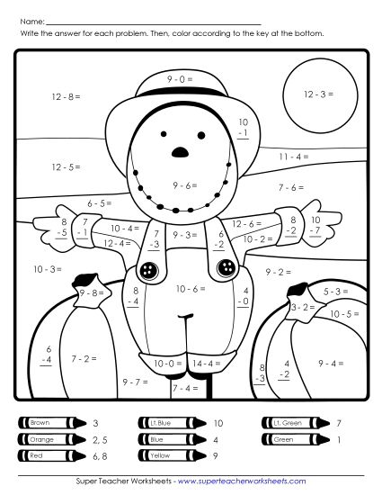 Subtraction - Basic Subtraction: Scarecrow (Printable PDF Worksheet)