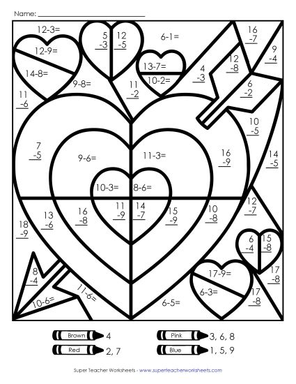 Valentine Subtraction - Basic Subtraction: Valentine Mystery Picture (Printable PDF Worksheet)