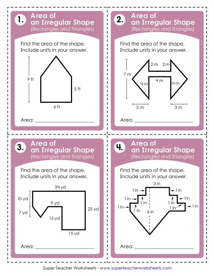 Basic - Rectangles and Triangles - Basic Task Cards: Area of Irregular Shapes (Rectangles & Triangles) (Printable PDF Worksheet)