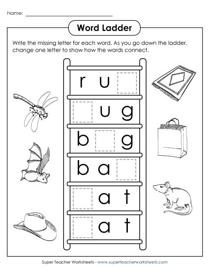 Level: Basic - Basic Word Ladder: Rug to Hat (Printable PDF Worksheet)