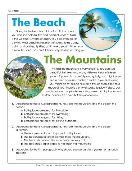 Reading Passages - Beach/Mountain: Compare/Contrast (Printable PDF Worksheet)